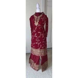 Elegant Red and Gold Embroidered Sharara Suit